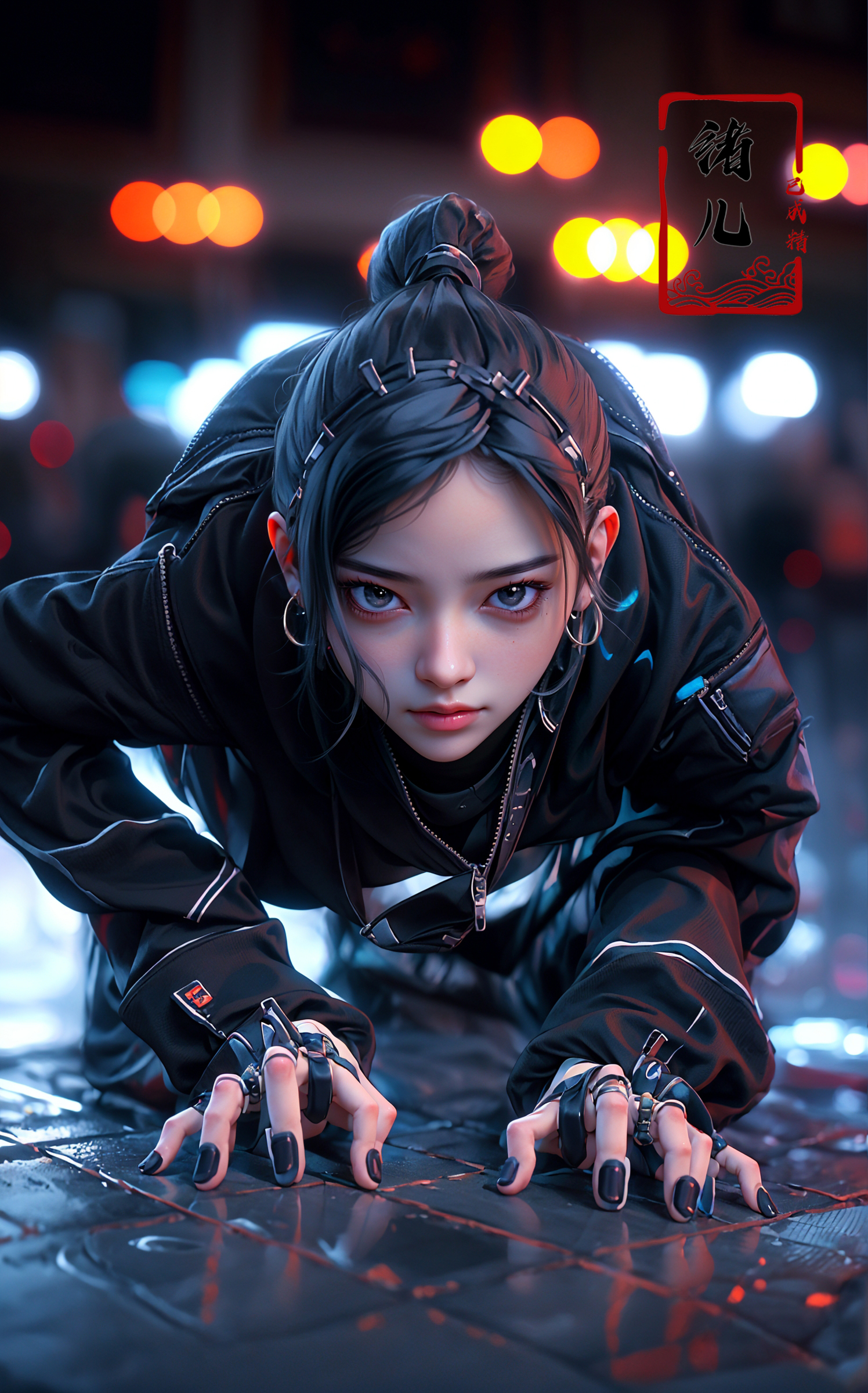 606247209521968582-839085362-CG masterpiece, 3D Chinese girl, angelic face, techno-cool style, dressed in cyberpunk mixed with Chinese style clothing, crouch.jpg